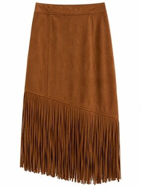 NWT Neslay Design Brown Faux Suede Fringe Western Midi Skirt Large